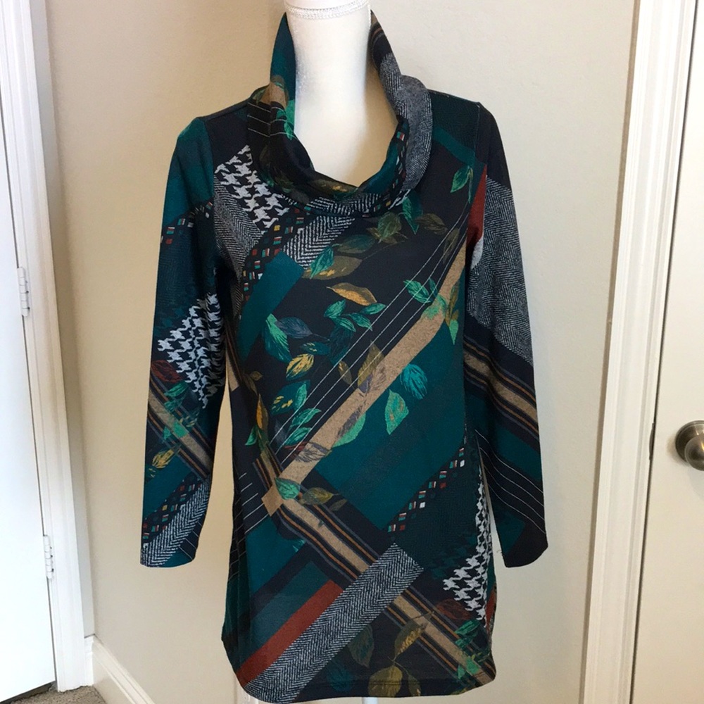 Christopher & Banks Printed Tunic Pullover Top w Cowl Neck, Deep Fall Colors